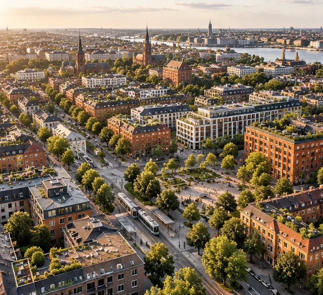Illustrated aerial view of homes, streets, parks and transport in an imagined city.