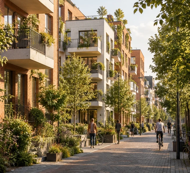 Illustrated apartment buildings, balconies, trees and people on a residential street.