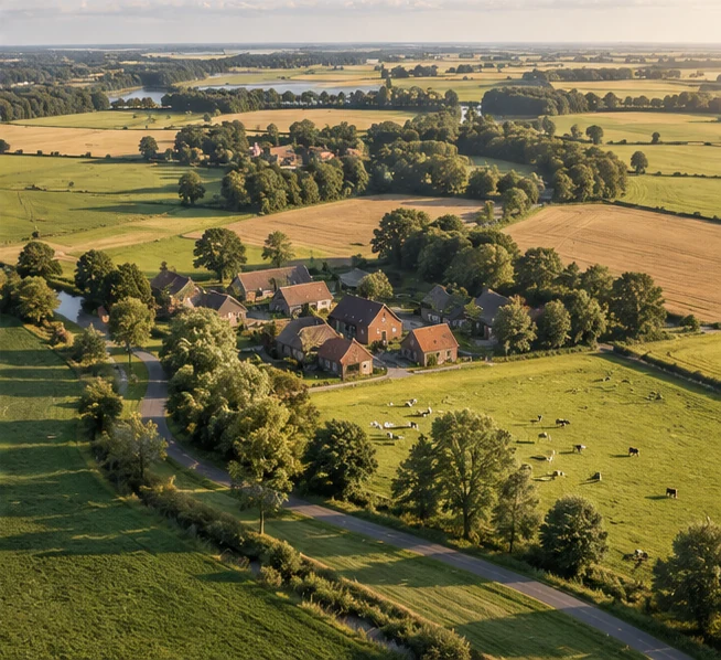 Illustrated countryside with farms, fields, trees and a small village.