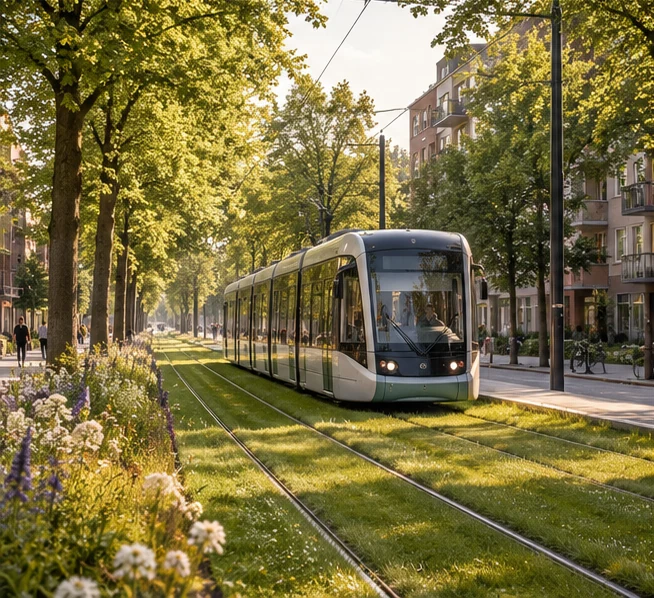 Illustrated tram travelling along a tree-lined corridor.